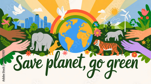 Earth surrounded by diverse hands animals and greenery with save planet go green text