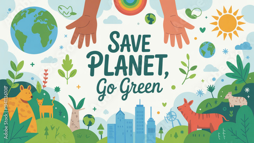 Eco friendly illustration with save planet message green earth animals and cityscape in harmony under sunny sky