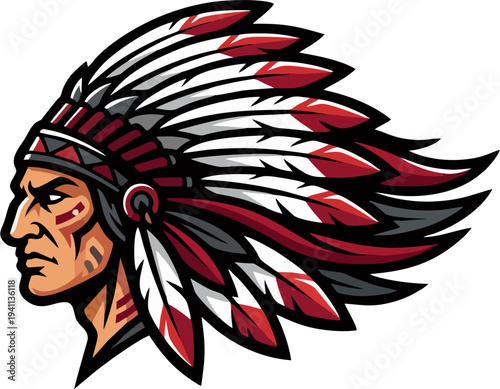 Native American Indian Chief Mascot Logo Vector Illustration Sticker — Warrior with War Bonnet Feather Headdress in Red and Black