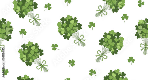 Beautiful seamless pattern displays bouquets of green clover tied with ribbons representing luck and Saint Patrick Day.
