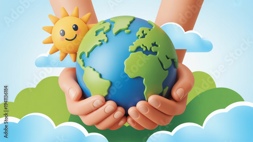 Hands cradling earth globe with smiling sun and clouds symbolizing environmental care and protection