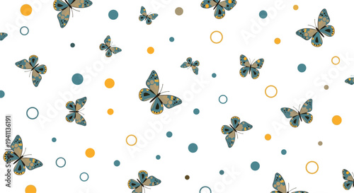 Playful pattern for kids includes colorful butterflies and various sized dots in shades of blue and gold on white.