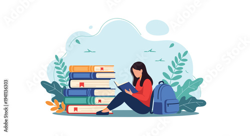 Student girl sits on the ground reading a book next to a tall stack of books and her backpack in a park setting.