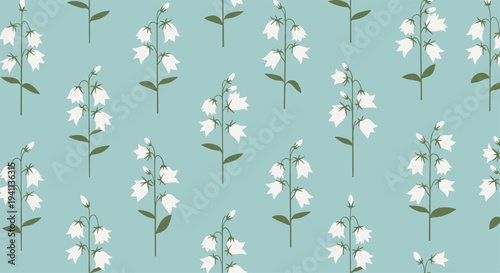 Elegant seamless pattern of white bellflowers on a soft teal background creates a calm and beautiful floral aesthetic.