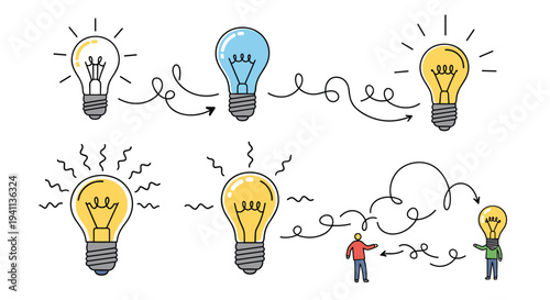 Various light bulbs representing different stages of creative thinking and problem solving are shown in a playful style.