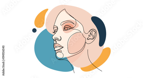Minimalist continuous line art drawing of a woman's face over colorful abstract shapes in a modern and stylish way.