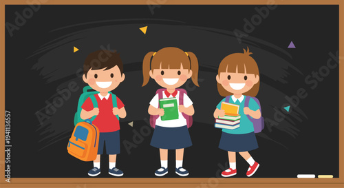 Three happy school children with backpacks and books standing in front of a classroom blackboard with colorful chalk.