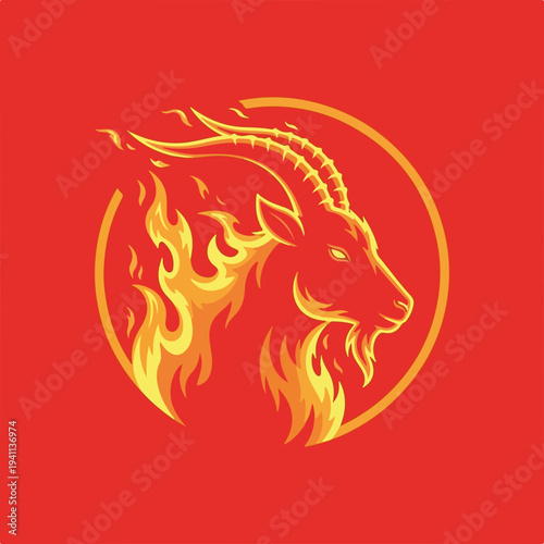 Symbolic representation of year of the fire goat featuring a stylized goat head surrounded by flames in a circular design.