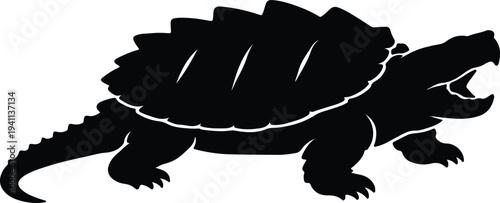 Black silhouette of a snapping turtle with an open mouth and spiky shell