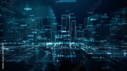 Abstract smart city concept with glowing digital buildings, data streams, and financial analytics overlay. Represents big data, artificial intelligence, IoT connectivity.