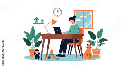 Mother working from home on her laptop at a desk with her cat and child's toys scattered on the floor in a cozy room.