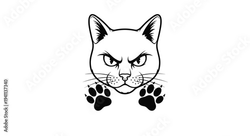 Fierce line art drawing of an angry cat face with its claws extended in a defensive or aggressive pose on white.