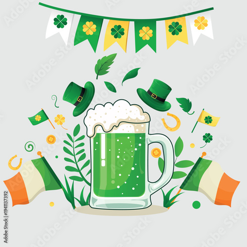 Green St Patrick Day background illustration with beer mug clover leaf and Irish holiday celebration design
