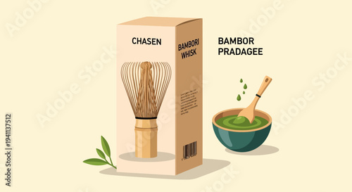 Matcha Tea Whisk (Chasen) and Bowl with Bamboo Spoon, Preparing Traditional Japanese Drink
