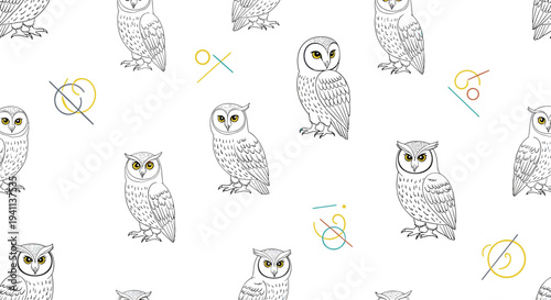Whimsical seamless pattern featuring various hand drawn owls and simple geometric shapes on a white background.
