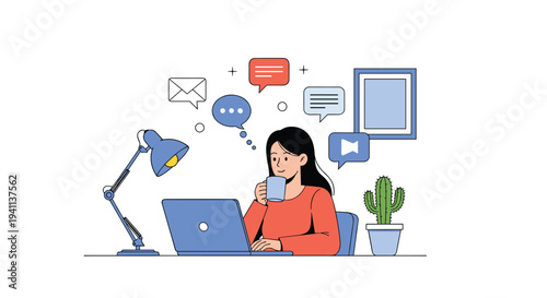 Young woman working on a laptop at her desk with coffee while various communication icons float in the air around her.