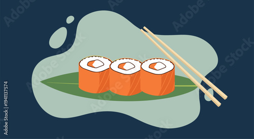 Traditional sushi rolls served on a green leaf with wooden chopsticks over a blue background with abstract shapes.