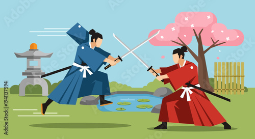 Samurai Warriors Sparring with Swords in Japanese Garden