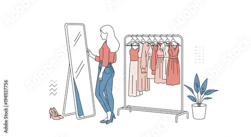 Minimalist line art illustration of a woman looking at herself in a mirror while trying on different dresses from a clothing rack in a room.