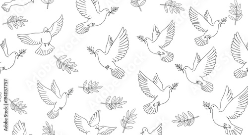 Seamless pattern of hand-drawn white doves flying with olive branches and green leaves symbolizing peace and hope on a white background.