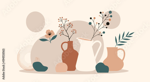 Still life illustration of various ceramic vases and pitchers with dry branches and simple flowers against an abstract background of circles.