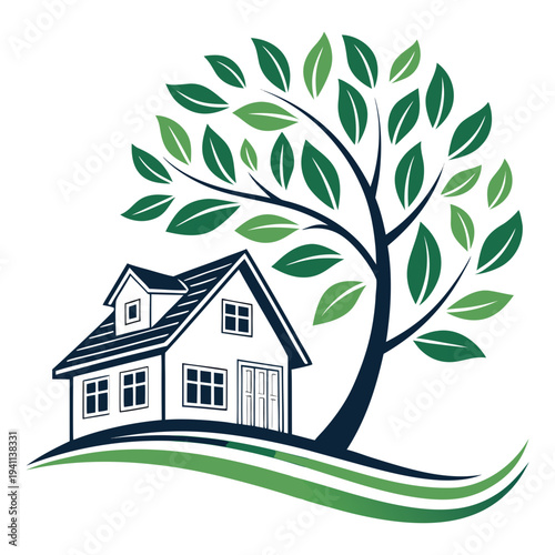Eco Real Estate Logo with House and Leaf Green Housing Vector Design