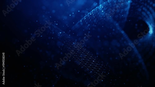 Abstract blue particle wave forming a twisting digital structure. Futuristic technology background symbolizing artificial intelligence, big data flow, quantum computing, and molecular structures.
