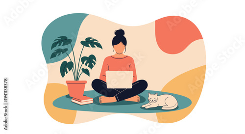 Illustration of a woman working from home on her laptop sitting on a rug with a plant books and a sleeping cat in a cozy modern room setting.