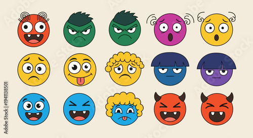Various cartoon faces express different Emotions in a colorful digital illustration.
