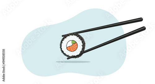 Simple illustration of a single sushi roll with black sesame seeds held by black chopsticks against a soft blue abstract shape background.