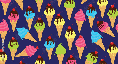 Seamless pattern of assorted ice cream cones in bright colors like pink blue yellow and green with chocolate glaze and cherries on top of them.