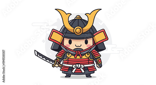 Cute Chibi Samurai Warrior with Katana Sword, Japanese Warrior Icon