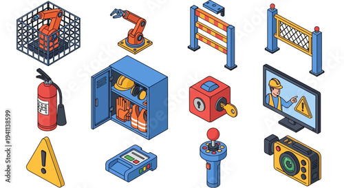 Industrial robots and safety equipment are used in a factory setting with various machinery and tools on display.