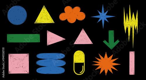 Vibrant geometric shapes float in a dark space with various colors and forms