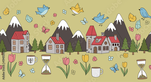 Whimsical landscape illustration with small houses evergreen trees snowy mountains flying birds butterflies and flowers in a flat design style.