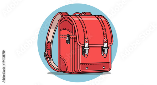 Red Japanese Randoseru Backpack, Traditional School Bag, Isolated on White Background