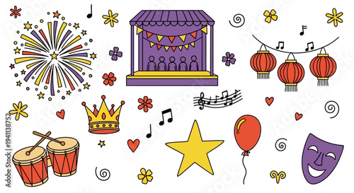 Theater decorations and symbols float around a purple stage with a crown and drums below a star and colorful lanterns.