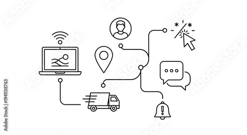 A futuristic illustration depicts a delivery truck connected to a laptop, map, and chat icons via lines, symbolizing logistics and communication.