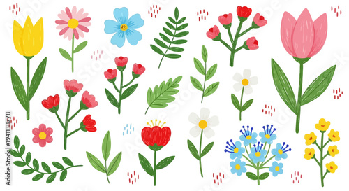 A colorful illustration of various flowers and leaves in full bloom