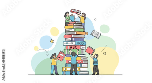 Children Building a Tall Stack of Books Together.