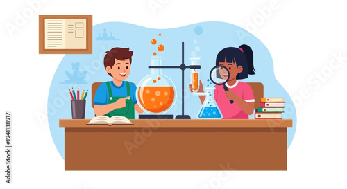 Children conducting science experiment in laboratory classroom setting.