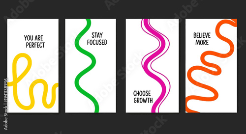 Inspirational motivational quotes with colorful wavy lines on cards