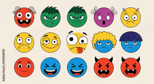 A collection of various cartoon faces with different emotions on a plain background