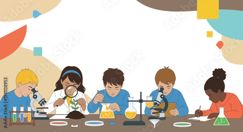 Children engaged in science experiments at a laboratory table.