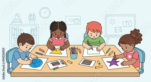 Children engaged in creative art class drawing and coloring.