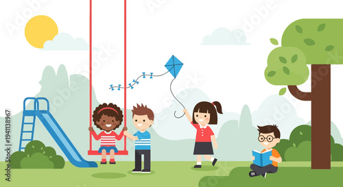 Children Enjoying Outdoor Playground Activities Together.