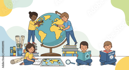 Children Learning About Geography Using a Globe and Books.