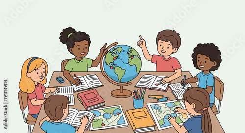 Diverse children learning geography around a globe.
