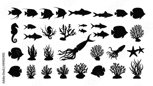 A collection of sea creatures and coral silhouettes
