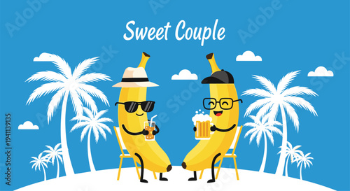 Humorous illustration of two banana characters as a couple wearing sunglasses and hats while drinking beer and a cocktail on a sunny beach day.